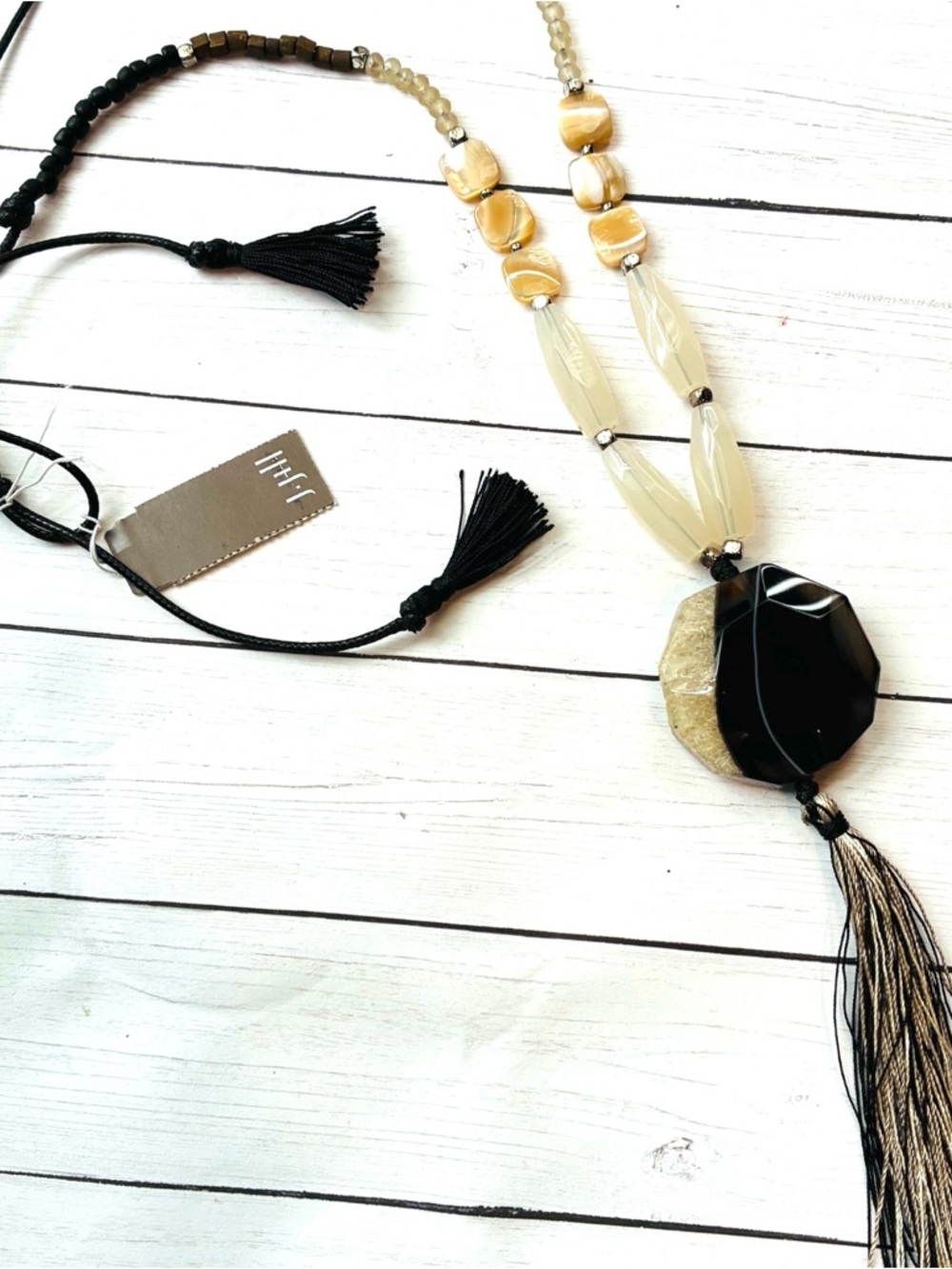 NEW NWT J. Jill Black Cream Stone Statement Pendant Tassel Necklace $49 Retail